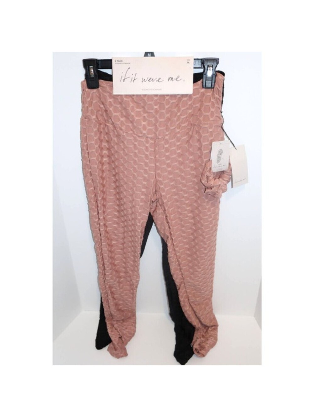 2 Pair Textured Leggings - Scrunch Butt - Hair Scrunchie - Black and Rose Pink